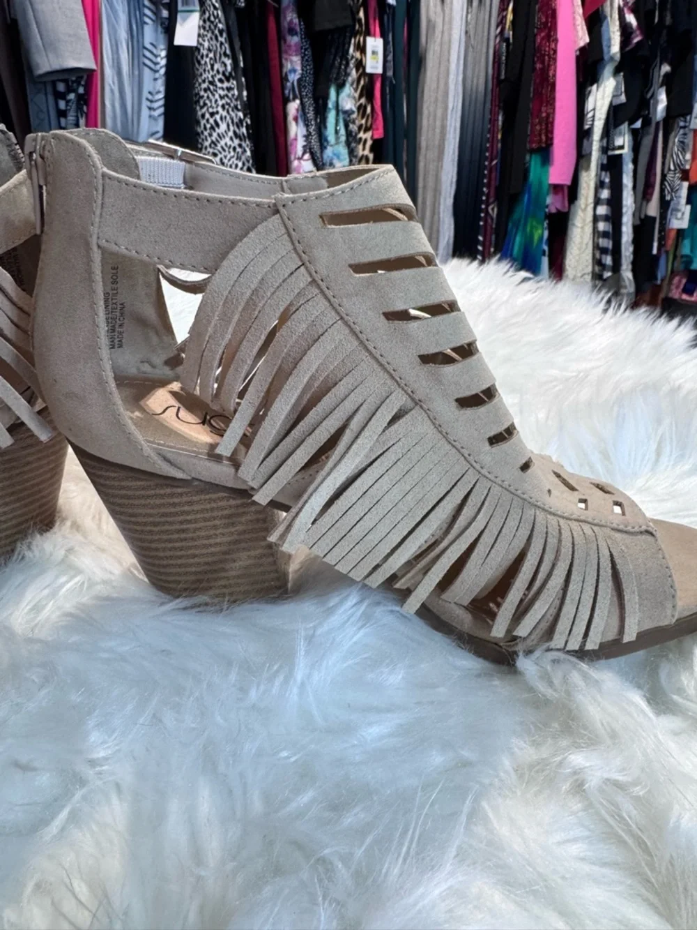 sugar Fringe Suede Open-Toe Block Heel Sandals - Taupe Size 8.5